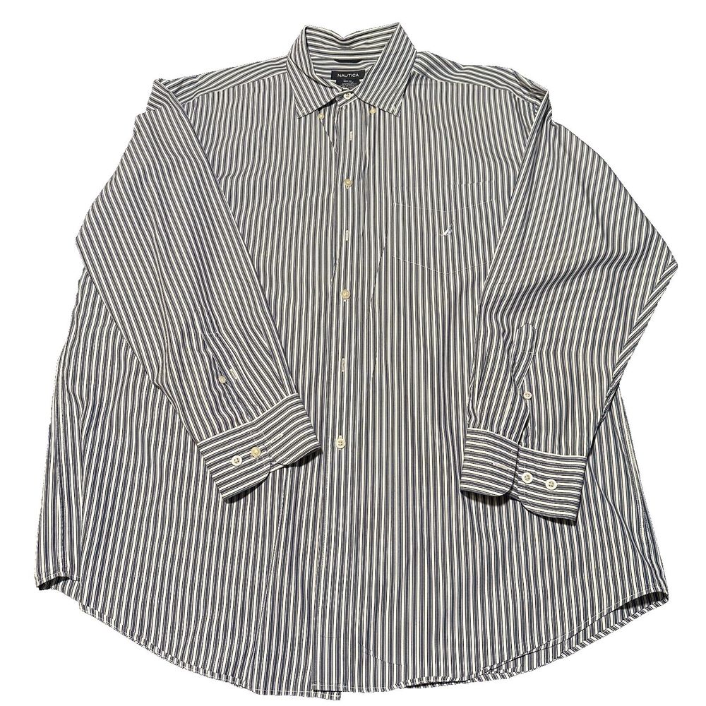 Nautica Banker Stripes Long Sleeve Button Collar Cotton Shirt Logo Embroidered